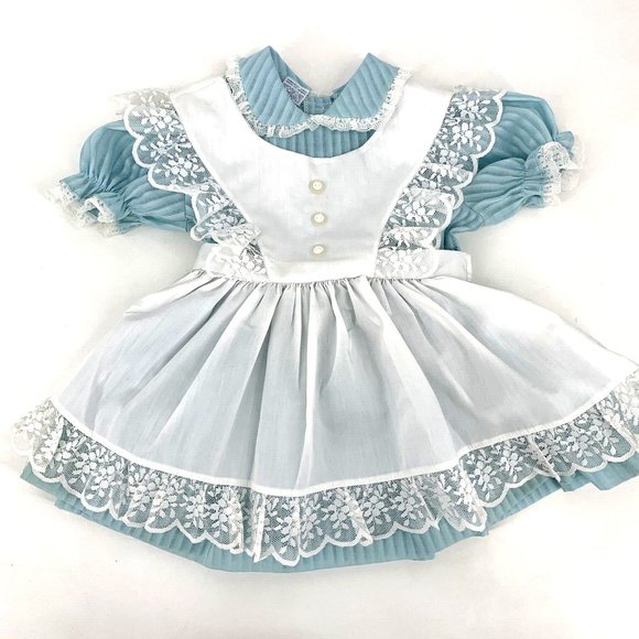 VTG Blue Mini World Lace Ruffles Dress w Apron Sz 2T As Is - Picture 1 of 11